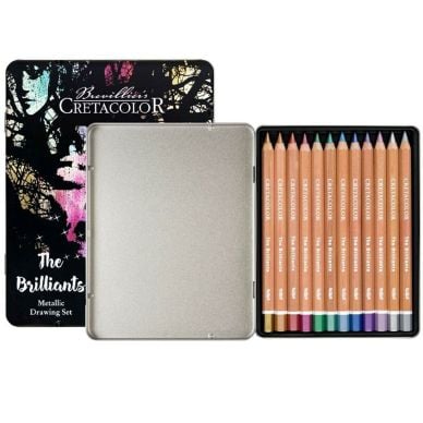 CRETACOLOR Brilliants Megacolor METALLIC Watercolour Pencils Tin Set 12 Colours